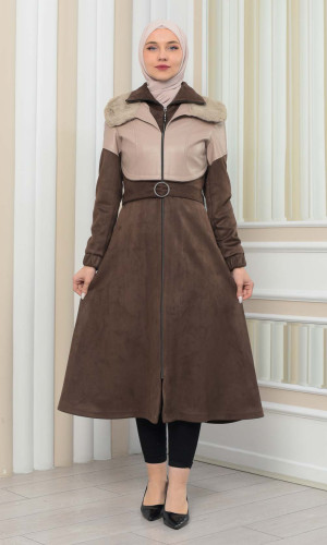 BELT SUEDE TRENCH COAT WITH FUR COLLAR 1351  - Beige