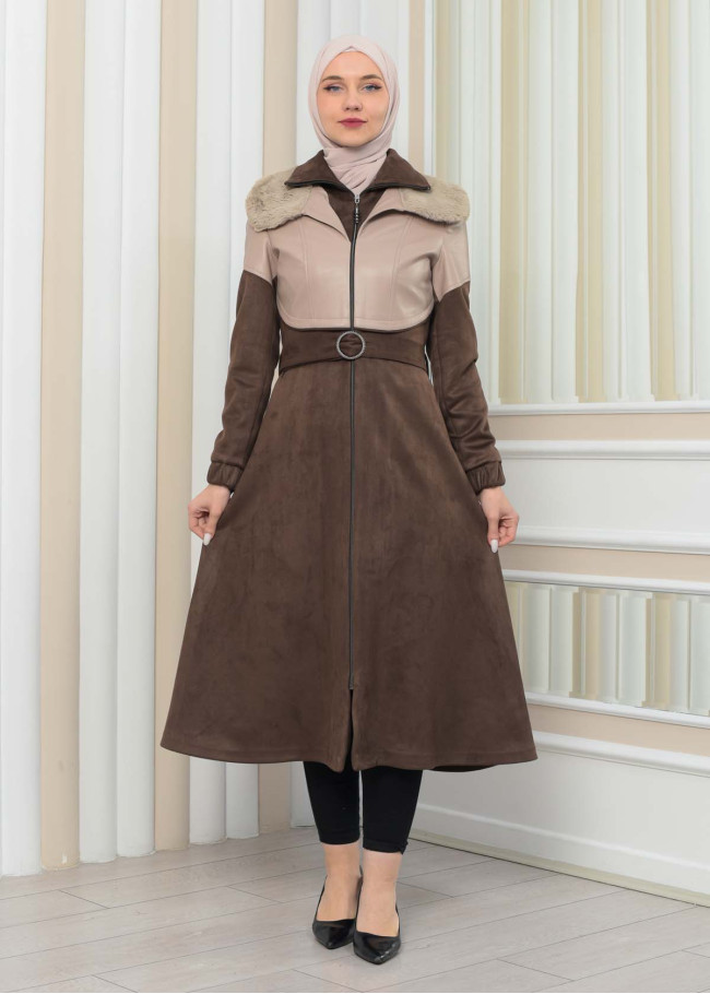BELT SUEDE TRENCH COAT WITH FUR COLLAR 1351  Bej