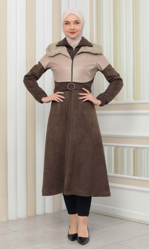 BELT SUEDE TRENCH COAT WITH FUR COLLAR 1351  - Beige