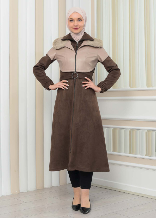 BELT SUEDE TRENCH COAT WITH FUR COLLAR 1351  Bej