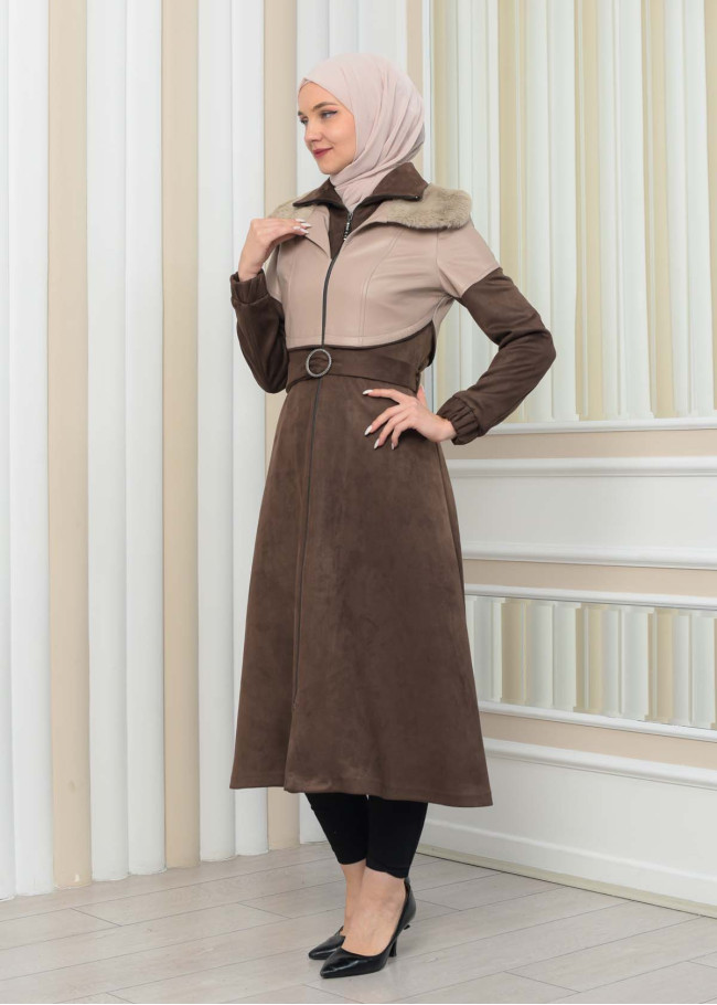 BELT SUEDE TRENCH COAT WITH FUR COLLAR 1351  Bej