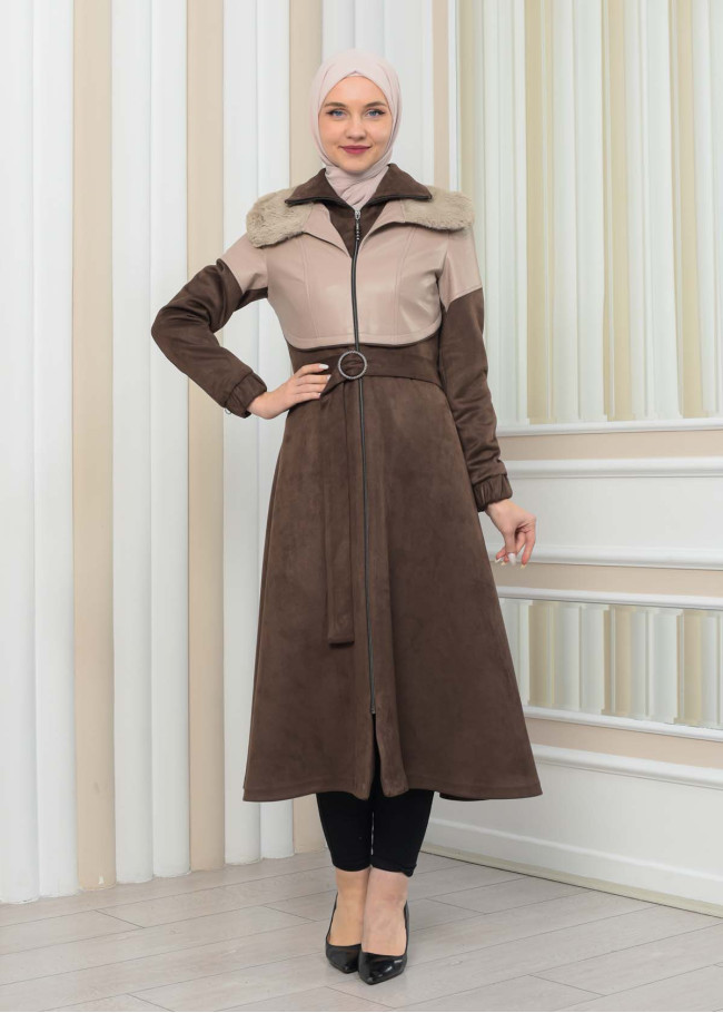 BELT SUEDE TRENCH COAT WITH FUR COLLAR 1351  Bej
