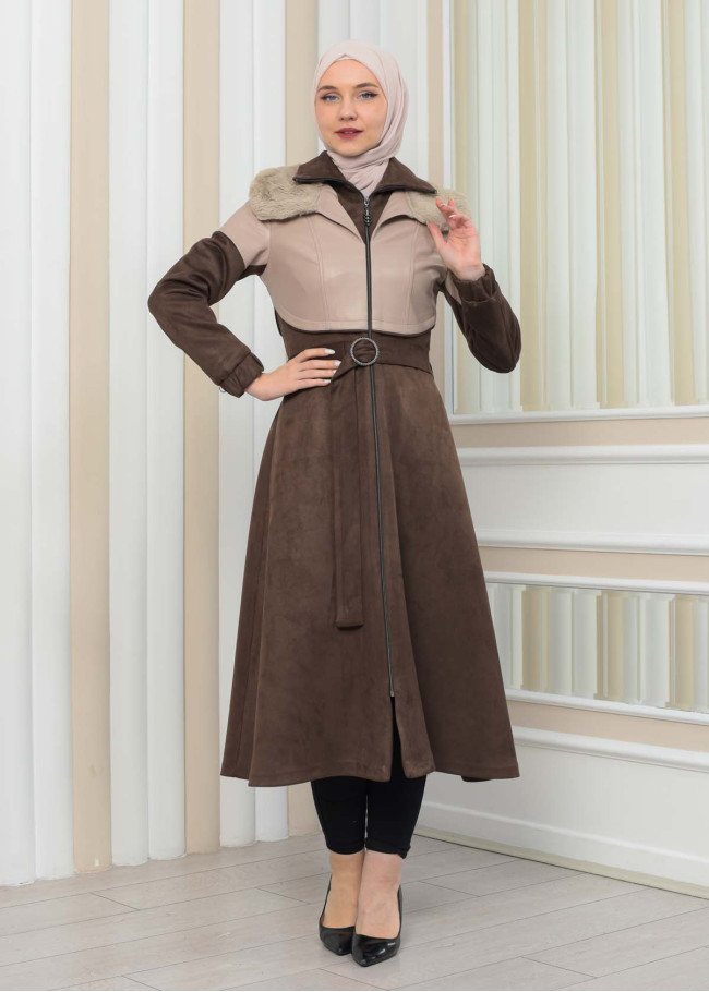 BELT SUEDE TRENCH COAT WITH FUR COLLAR 1351  Bej