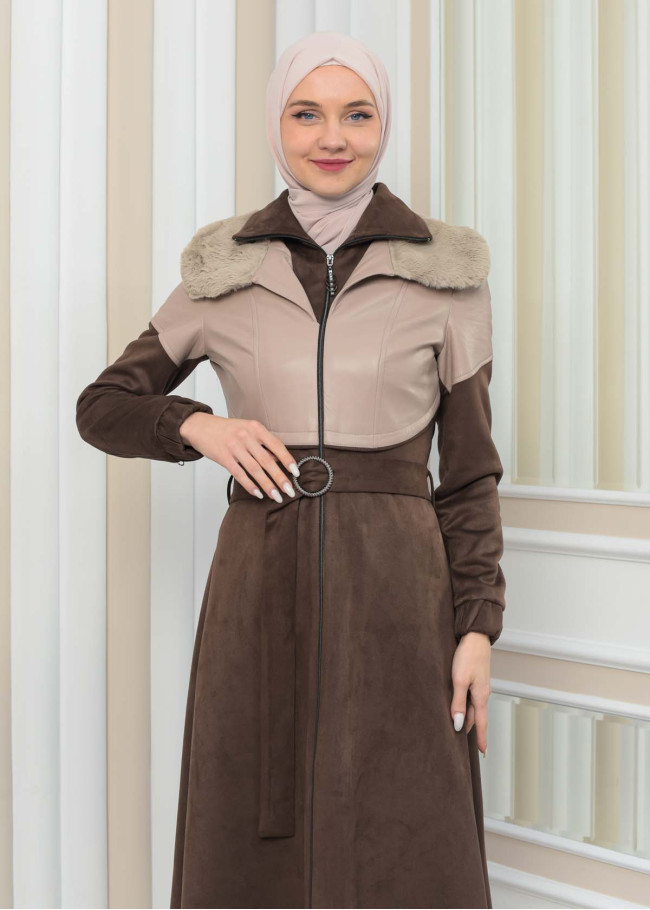BELT SUEDE TRENCH COAT WITH FUR COLLAR 1351  Bej