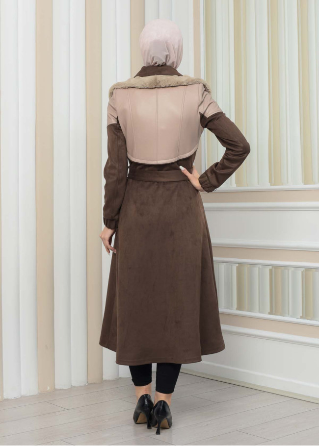 BELT SUEDE TRENCH COAT WITH FUR COLLAR 1351  Bej