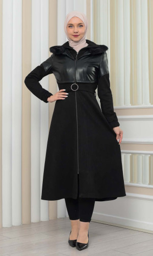 ترانشكوت شاموا نسائي شتوي  ياقة فرو 1351 - اسود