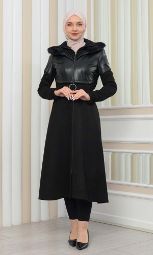 ترانشكوت شاموا نسائي شتوي  ياقة فرو 1351 - اسود