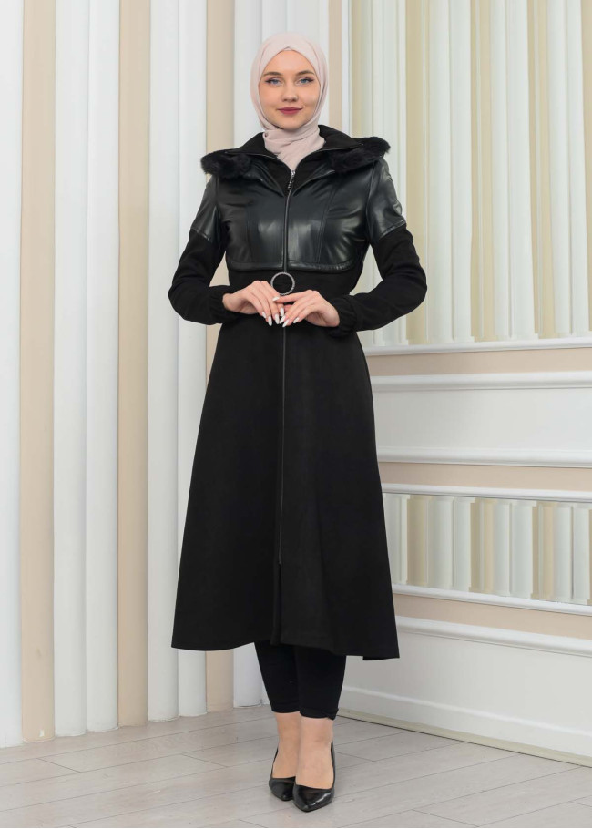 BELT SUEDE TRENCH COAT WITH FUR COLLAR 1351  Siyah