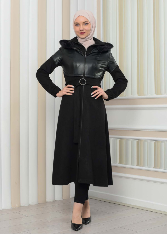 BELT SUEDE TRENCH COAT WITH FUR COLLAR 1351  Siyah
