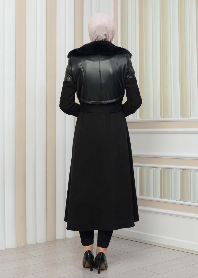 BELT SUEDE TRENCH COAT WITH FUR COLLAR 1351  Siyah