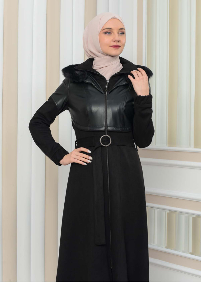 BELT SUEDE TRENCH COAT WITH FUR COLLAR 1351  Siyah