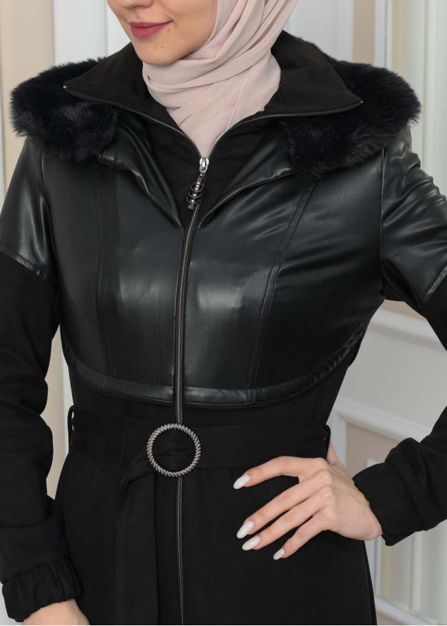 BELT SUEDE TRENCH COAT WITH FUR COLLAR 1351  Siyah