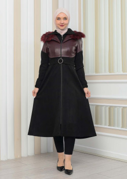 ترانشكوت شاموا نسائي شتوي  ياقة فرو 1351 - خمري