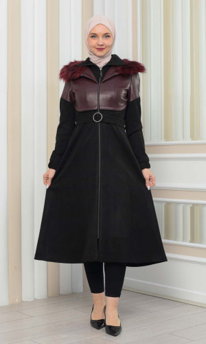 ترانشكوت شاموا نسائي شتوي  ياقة فرو 1351 - خمري