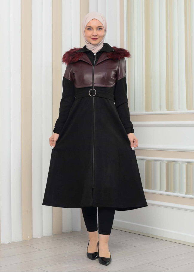 BELT SUEDE TRENCH COAT WITH FUR COLLAR 1351  Bordo
