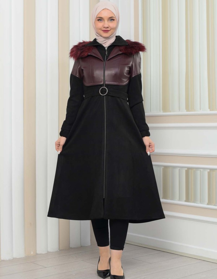 Women's Winter Suede and Leather Trench Coat 1351 - burgundy