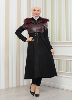 ترانشكوت شاموا نسائي شتوي  ياقة فرو 1351 - خمري