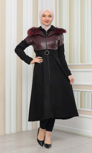 ترانشكوت شاموا نسائي شتوي  ياقة فرو 1351 - خمري