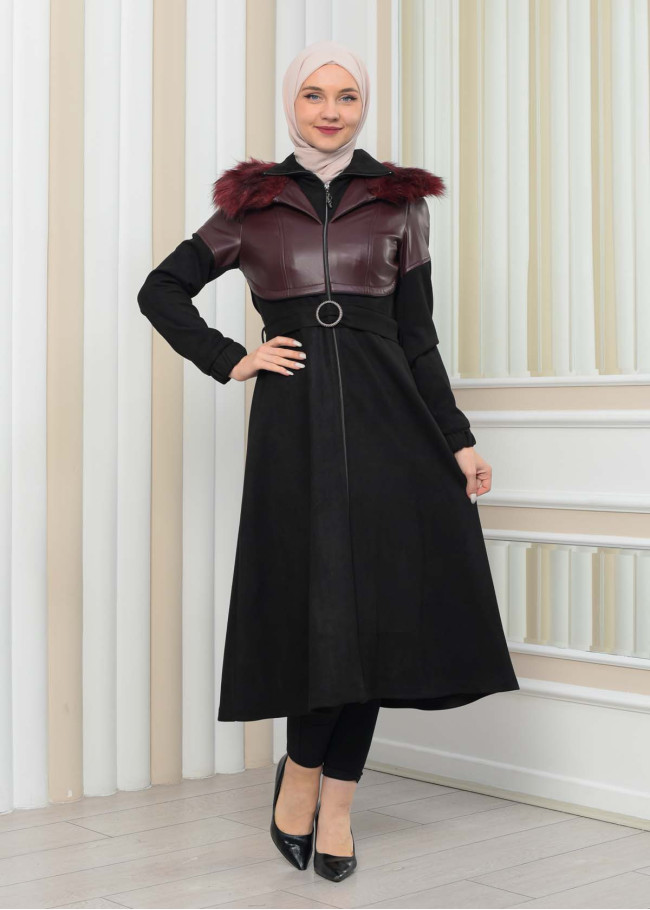 BELT SUEDE TRENCH COAT WITH FUR COLLAR 1351  Bordo