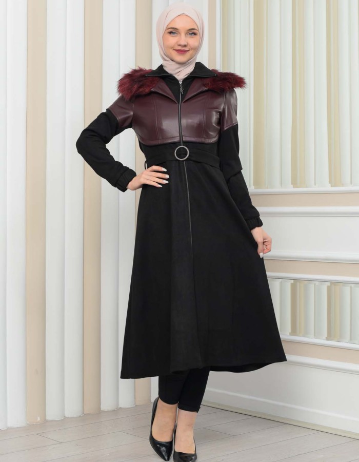 Women's Winter Suede and Leather Trench Coat 1351 - burgundy