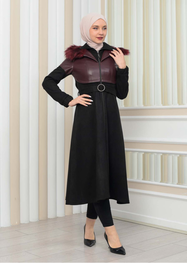 BELT SUEDE TRENCH COAT WITH FUR COLLAR 1351  Bordo