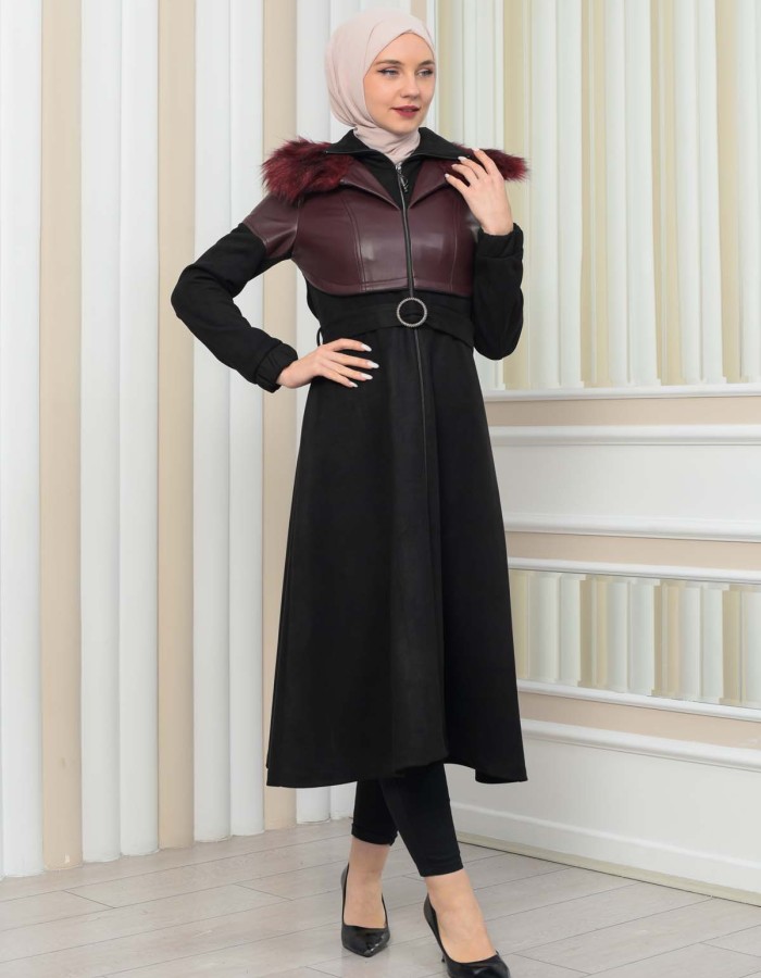 Women's Winter Suede and Leather Trench Coat 1351 - burgundy