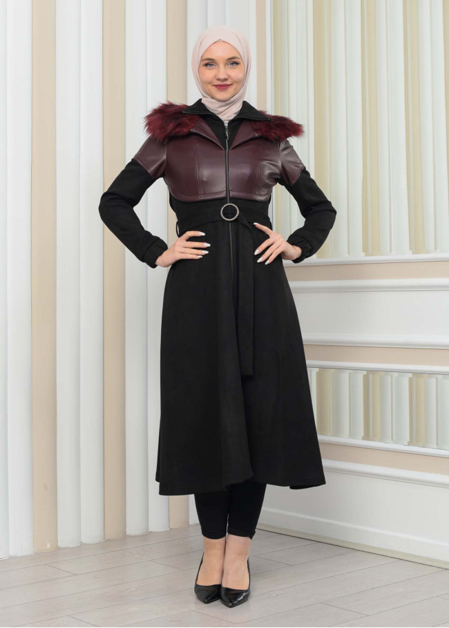 BELT SUEDE TRENCH COAT WITH FUR COLLAR 1351  Bordo