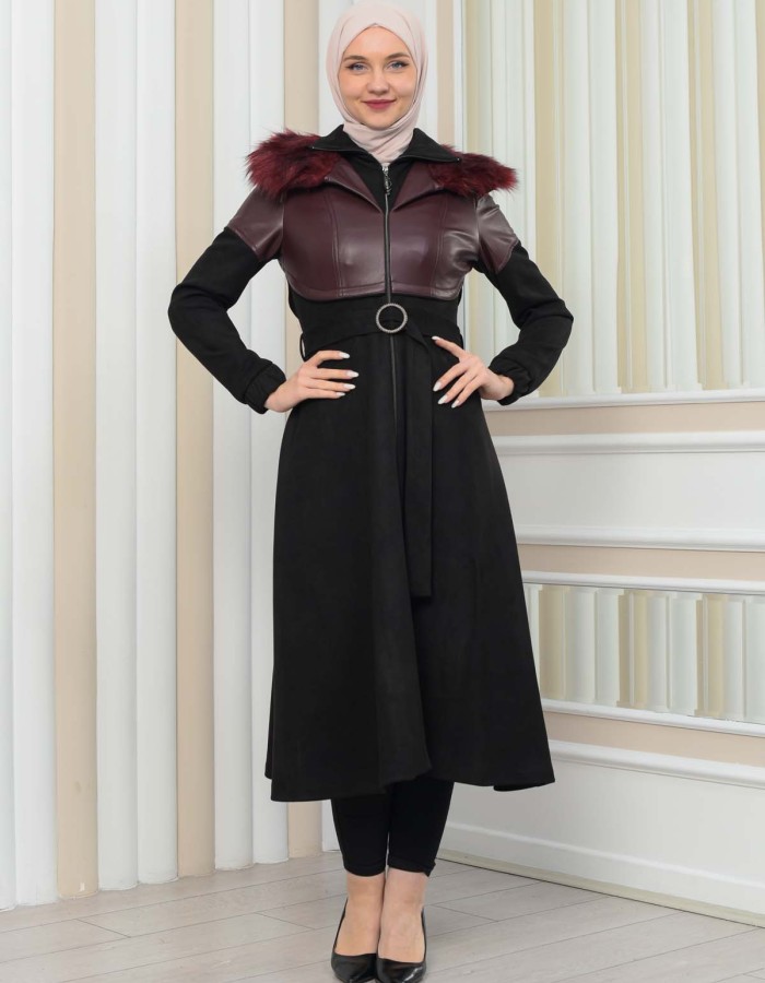 Women's Winter Suede and Leather Trench Coat 1351 - burgundy