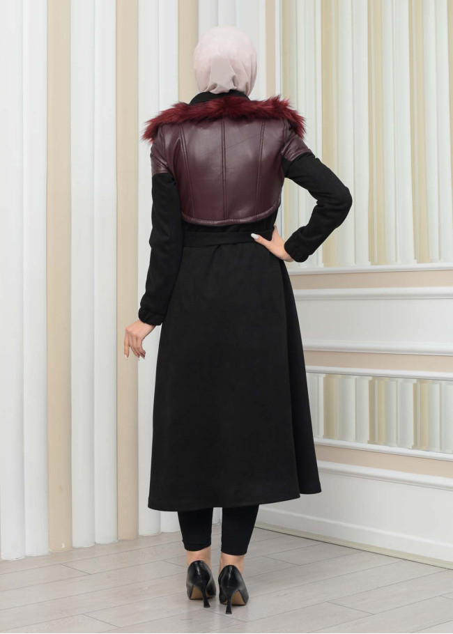 BELT SUEDE TRENCH COAT WITH FUR COLLAR 1351  Bordo