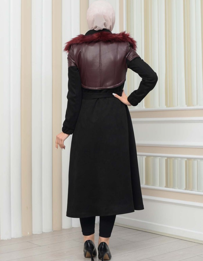 Women's Winter Suede and Leather Trench Coat 1351 - burgundy