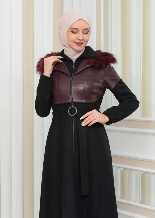 BELT SUEDE TRENCH COAT WITH FUR COLLAR 1351  Bordo