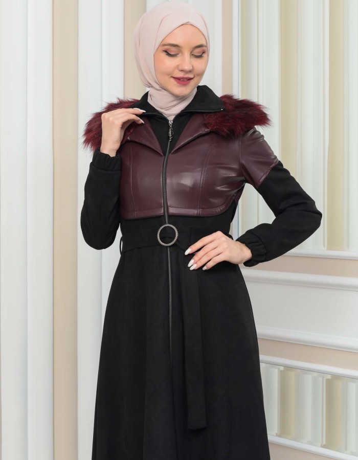 Women's Winter Suede and Leather Trench Coat 1351 - burgundy
