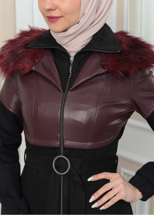 BELT SUEDE TRENCH COAT WITH FUR COLLAR 1351  Bordo