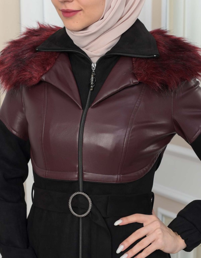Women's Winter Suede and Leather Trench Coat 1351 - burgundy