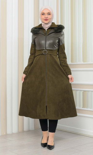 ترانشكوت شاموا نسائي شتوي  ياقة فرو 1351 - زيتي