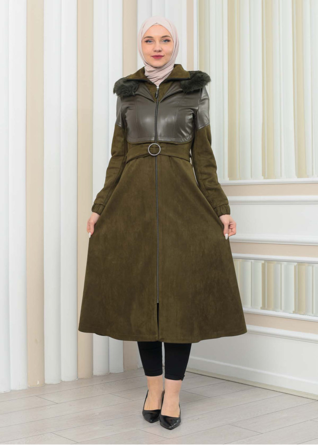BELT SUEDE TRENCH COAT WITH FUR COLLAR 1351  Haki
