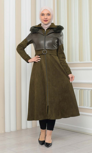 ترانشكوت شاموا نسائي شتوي  ياقة فرو 1351 - زيتي