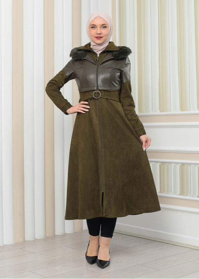 BELT SUEDE TRENCH COAT WITH FUR COLLAR 1351  Haki