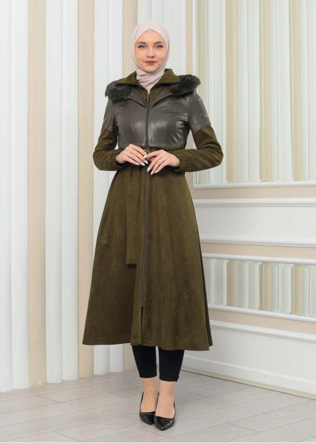 BELT SUEDE TRENCH COAT WITH FUR COLLAR 1351  Haki
