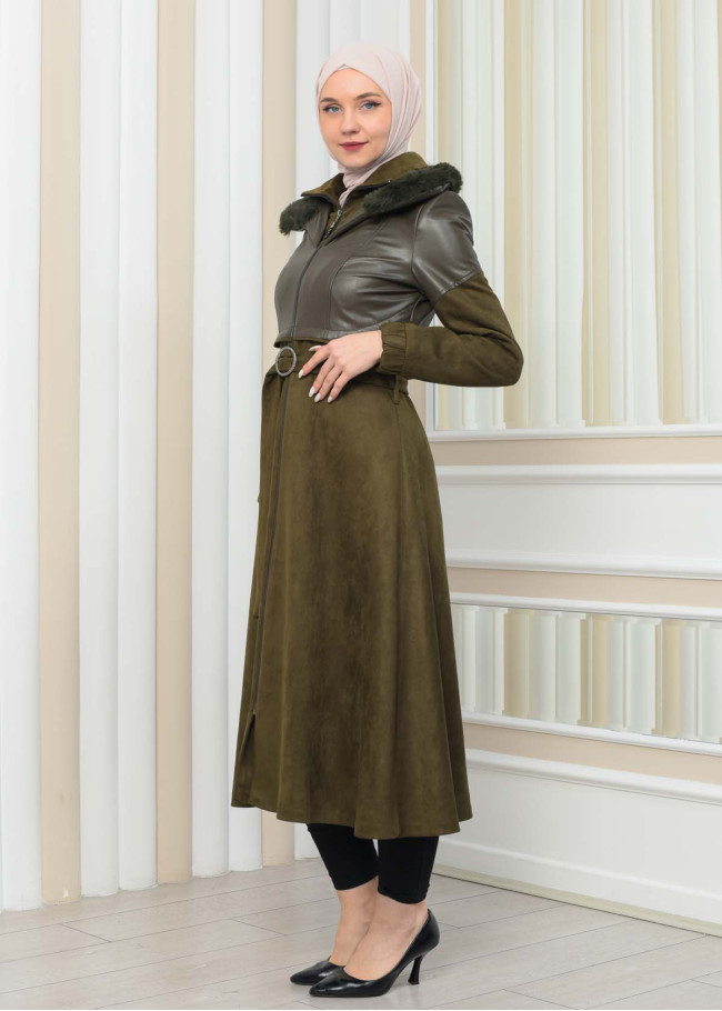 BELT SUEDE TRENCH COAT WITH FUR COLLAR 1351  Haki