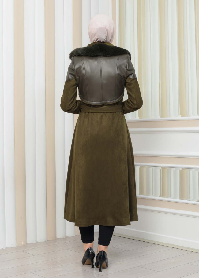BELT SUEDE TRENCH COAT WITH FUR COLLAR 1351  Haki