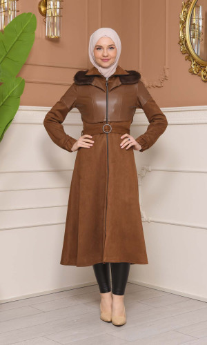 ترانشكوت شاموا نسائي شتوي  ياقة فرو 1351 - بني