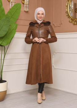 ترانشكوت شاموا نسائي شتوي  ياقة فرو 1351 - بني