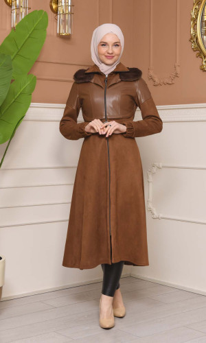 ترانشكوت شاموا نسائي شتوي  ياقة فرو 1351 - بني