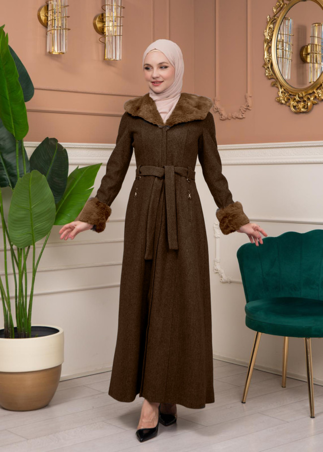 Woolen Winter Coat with Fur Lining - 1360 - brown