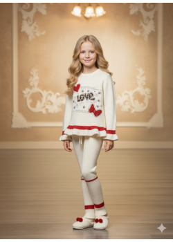 طقم بناتي شتوي تريكو LOVE مزين بالترتر 3107 - سكري