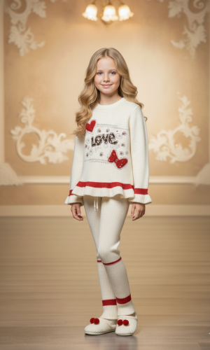 طقم بناتي شتوي تريكو LOVE مزين بالترتر 3107 - سكري