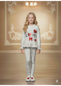 طقم بناتي شتوي تريكو LOVE مزين بالترتر 3107 - فضي