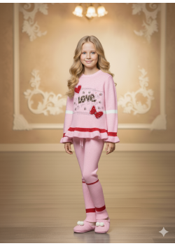 طقم بناتي شتوي تريكو LOVE مزين بالترتر 3107 - زهر