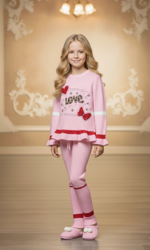 طقم بناتي شتوي تريكو LOVE مزين بالترتر 3107 - زهر